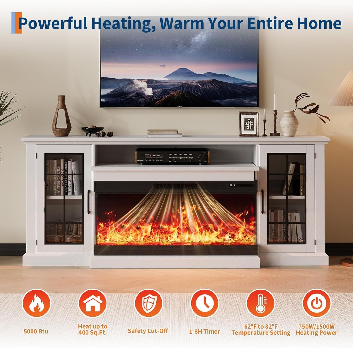 Fireplace TV Stand with 3-Sided Glass, Adjustable LED Flame, 12 Flame and Log Colors, Glass Doors and Storage Shelves, Modern Farmhouse Electric Fireplace Entertainment Center for TVs Up to 85"
