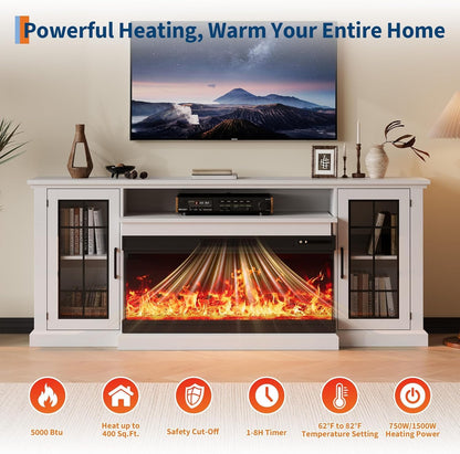 Fireplace TV Stand with 3-Sided Glass, Adjustable LED Flame, 12 Flame and Log Colors, Glass Doors and Storage Shelves, Modern Farmhouse Electric Fireplace Entertainment Center for TVs Up to 85"