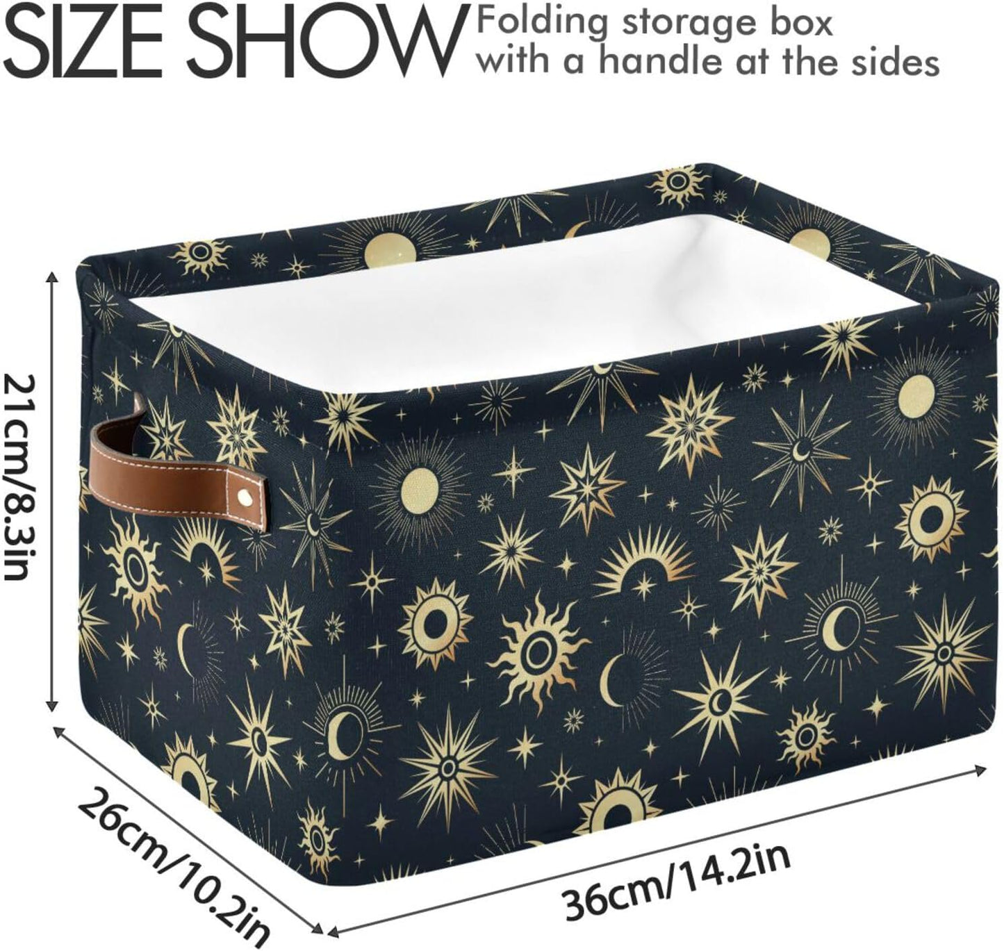 Foldable Canvas Storage Basket with Handles, Sun Moon Star Design, Durable Organizer for Nursery Kids Shelves