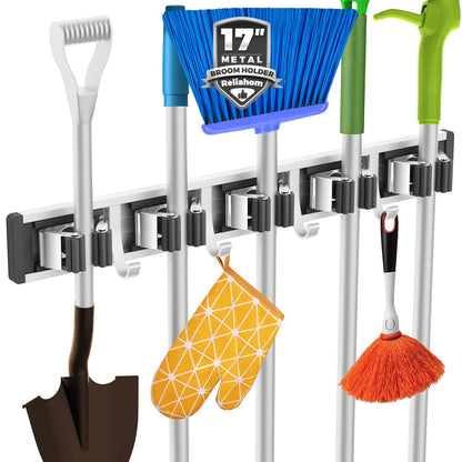 reliahom Broom Holder Wall Mount Mop and Broom Hanger Wall Mounted Garage Storage Rack Kitchen Garden Tool Organizer (4 Racks with 5 Hooks, Silver)