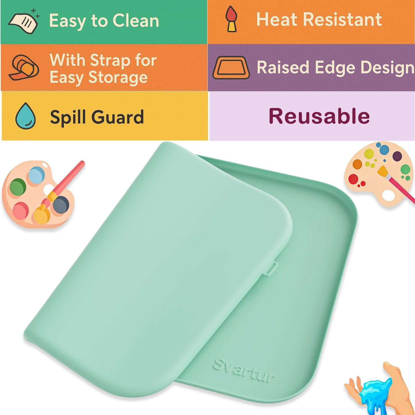 Silicone Craft Mat 24" x 16" with Raised Edge, Roll-Up Design with Storage Strap, Multi-Purpose Desk & Table Protector Silicone Art Mat for Crafts, Painting & DIY, Light Green