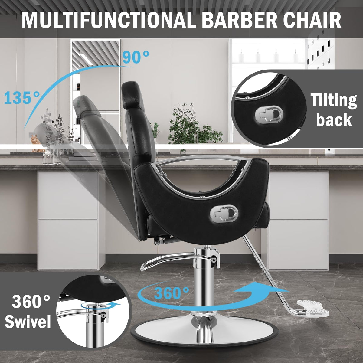 Tythical Salon Chair for Hair Stylist, Reclining Barber Salon Chair with Heavy Duty Hydraulic Pump, 360 Swivel Styling Braiding Hairdresser Chairs for Home Barbershop, Black Sliver
