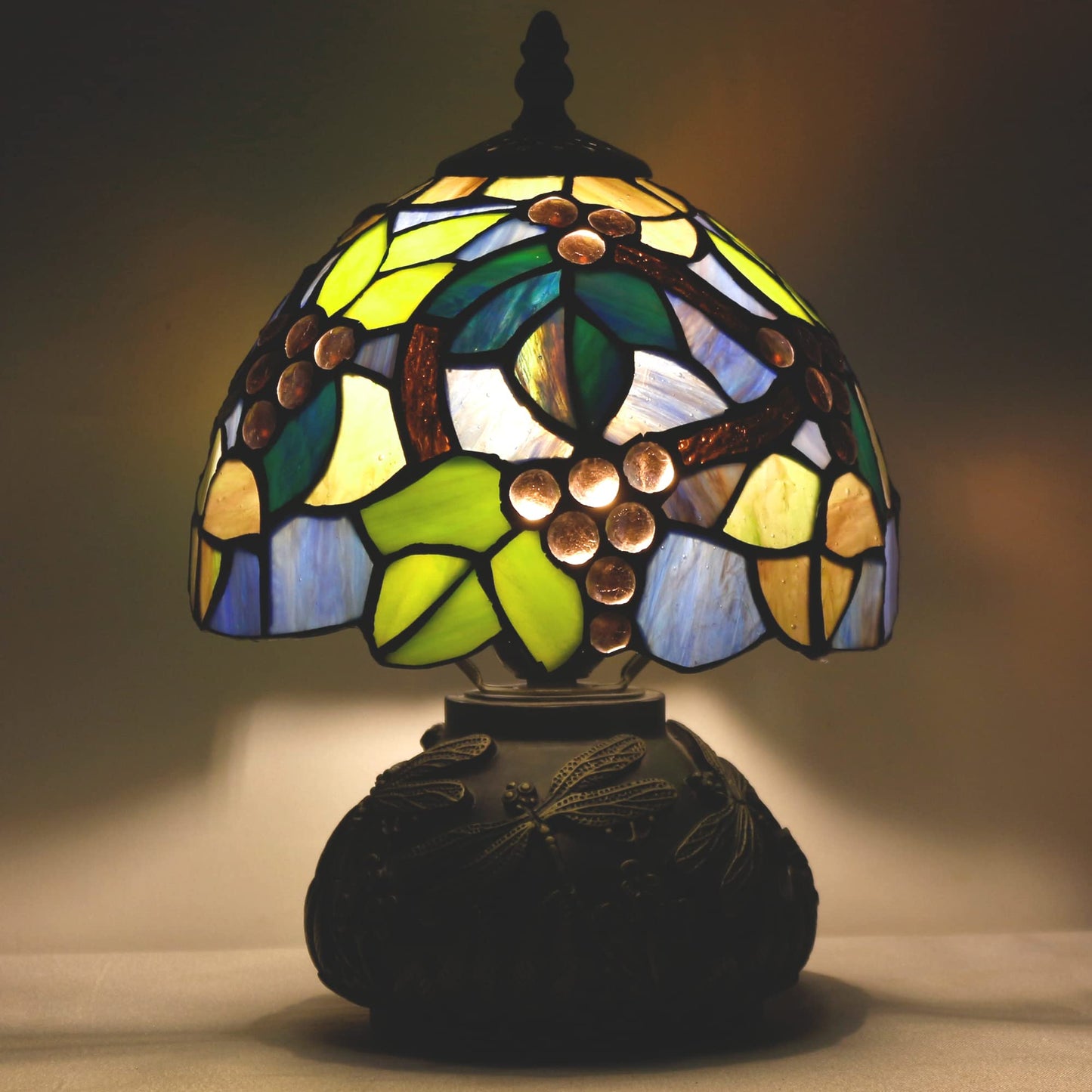ZJART Small Tiffany Table Lamp Stained Glass Desk Lamp 8X8X11 Inch Accent Antique Light (Amber Grape)