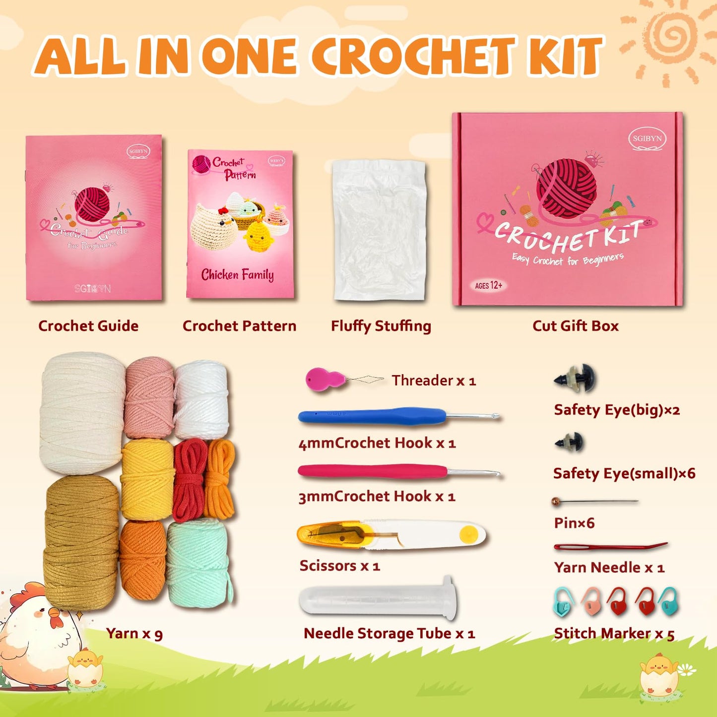 SGIBYN Crochet Kit for Beginners with Step-by-Step Video Tutorials, Starter Crochet Chicken Animals Kit for Women Teens, Handcraft Amigurumi Knitting Kits(Chicken Family)