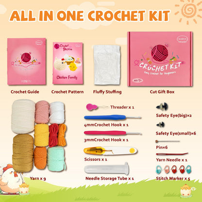 SGIBYN Crochet Kit for Beginners with Step-by-Step Video Tutorials, Starter Crochet Chicken Animals Kit for Women Teens, Handcraft Amigurumi Knitting Kits(Chicken Family)