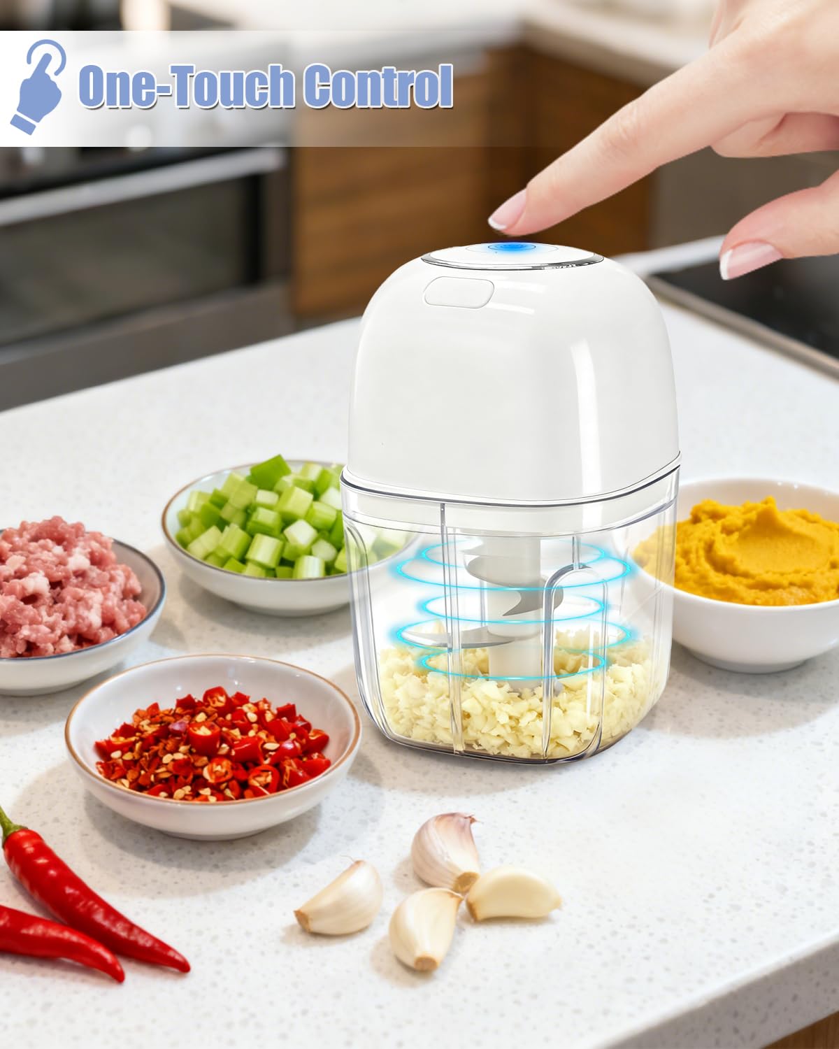 Joyzan Electric Garlic Chopper, 350ML Mini Portable Food Processor Veggie Grinder Small Onion Mincer Cordless Blender Masher USB Rechargeable Cutter 6 Blades Chili Fruit Vegetable Ginger Nuts Spices