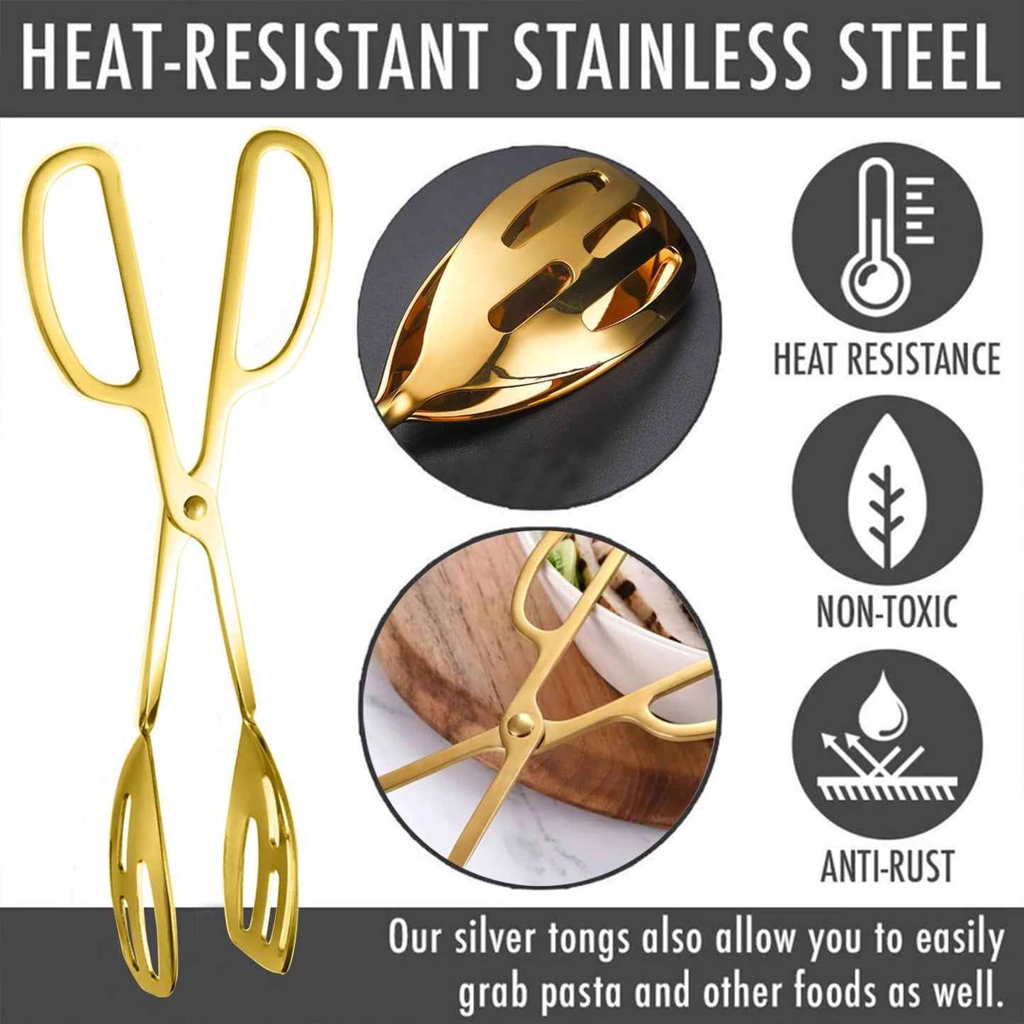 2 Pack Gold Serving Tongs Buffet for Kitchen Cooking 10 Inch Stainless Steel Salad Tongs Serving Utensils for Wedding Party Catering (Gold)