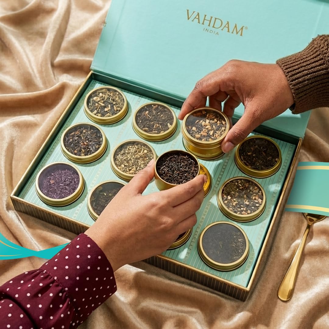 VAHDAM, Bloom - Assorted Tea Gift Set (12 Loose Leaf Tea) Tin Caddy Presentation Box | Gluten Free, Non GMO | Tea Gift Set for Women & Men