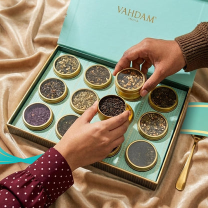 VAHDAM, Bloom - Assorted Tea Gift Set (12 Loose Leaf Tea) Tin Caddy Presentation Box | Gluten Free, Non GMO | Tea Gift Set for Women & Men