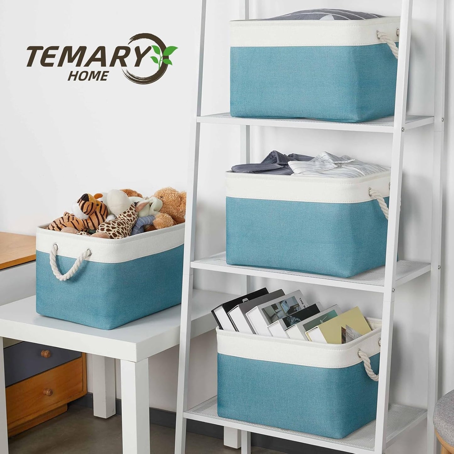 Temary Fabric Storage Baskets 4 Pack, Decorative Bins with Rope Handle for Gift, Clothes, Blankets (White & Teal,