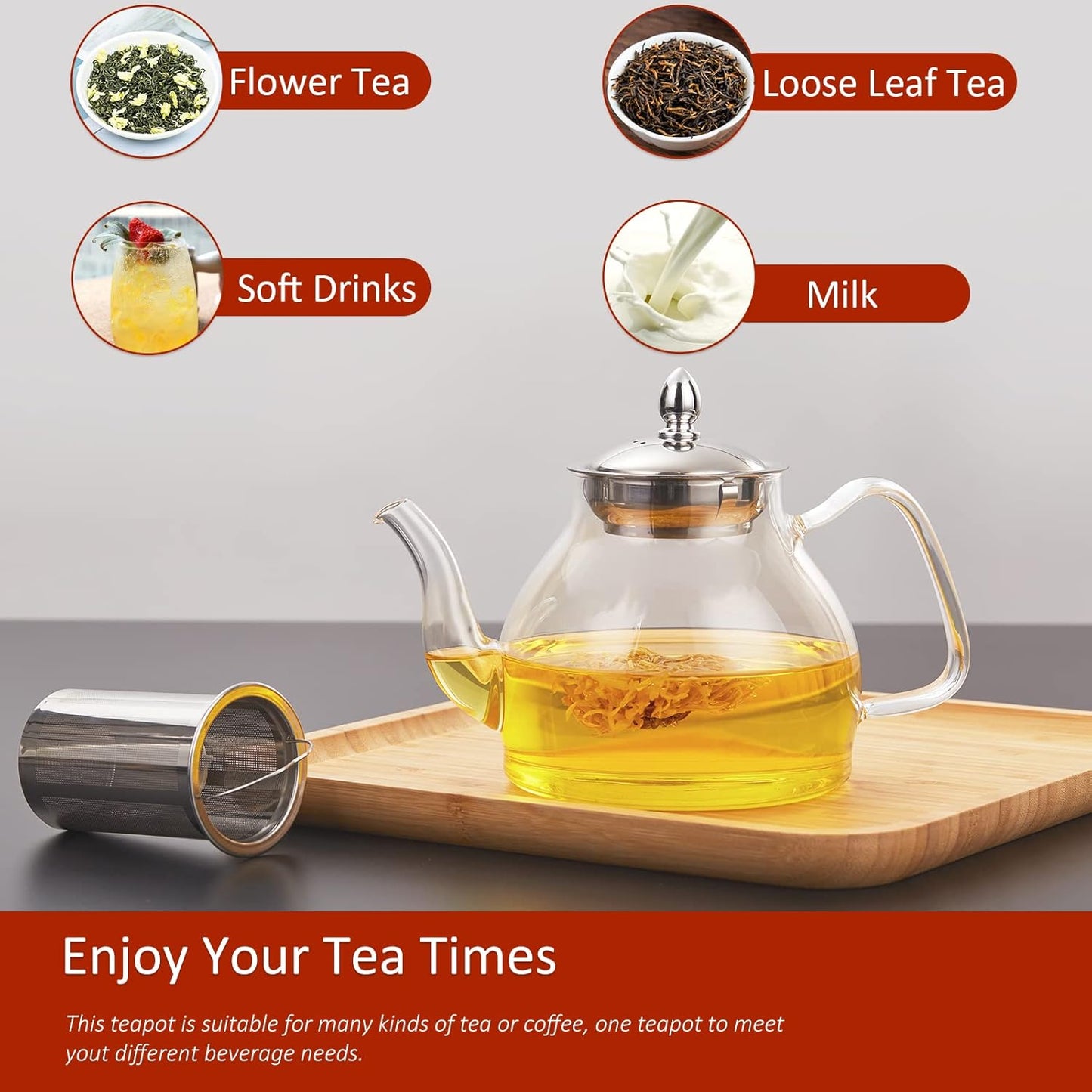 40oz Glass Teapot with Removable Stainless Steel Infuser for Blooming Tea & Loose Leaf Tea, Gift Box