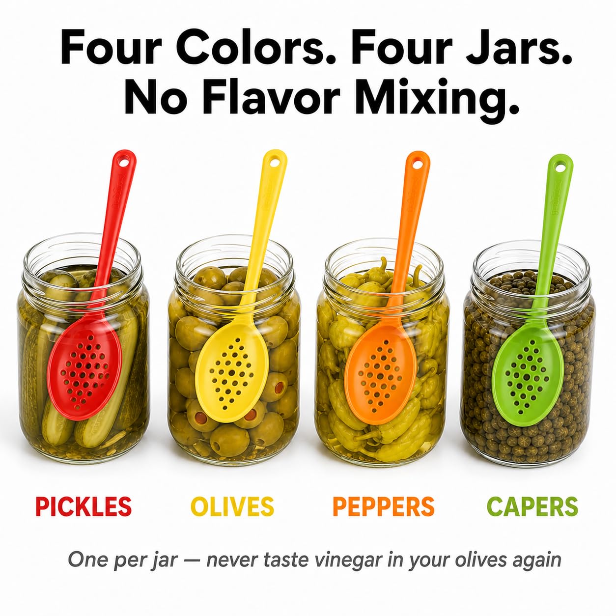 Olive and Pickle Spoon Set of 4, 7-Inch Small Slotted Serving Utensils for Jars, Perfect for Olives, Pickles, Capers, Pickled Beets, Pepperoncini, Cherries, Dishwasher Safe, Made in USA by Pikanty