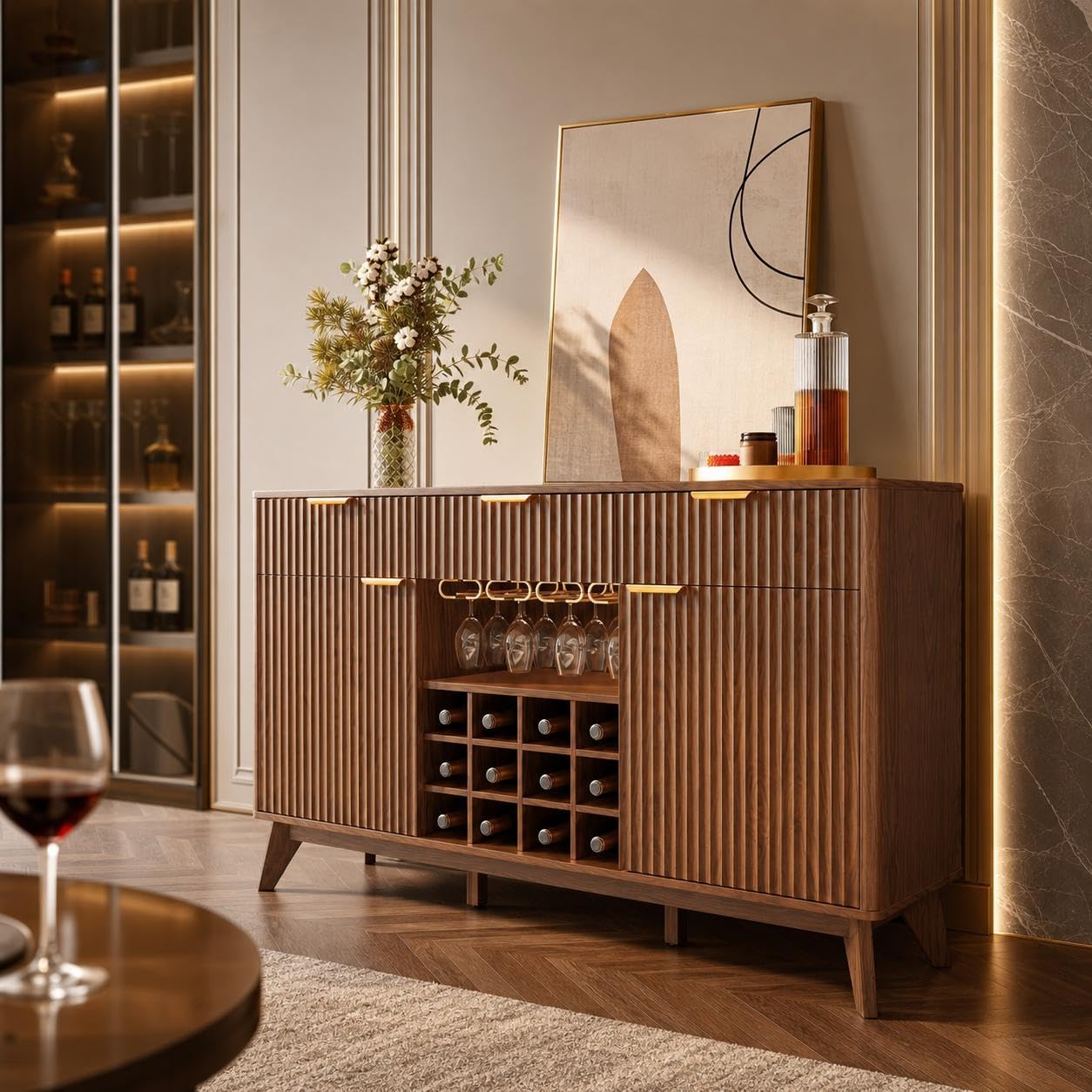 60" Wide Fluted Wine Bar Cabinet with Storage, Modern Buffet Sideboard with 2 Side Cabinets, 3 Drawers, Liquor Rack and Glass Holder, Adjustable Shelves, Alcohol Indoor Bars for Kitchen, Living Room
