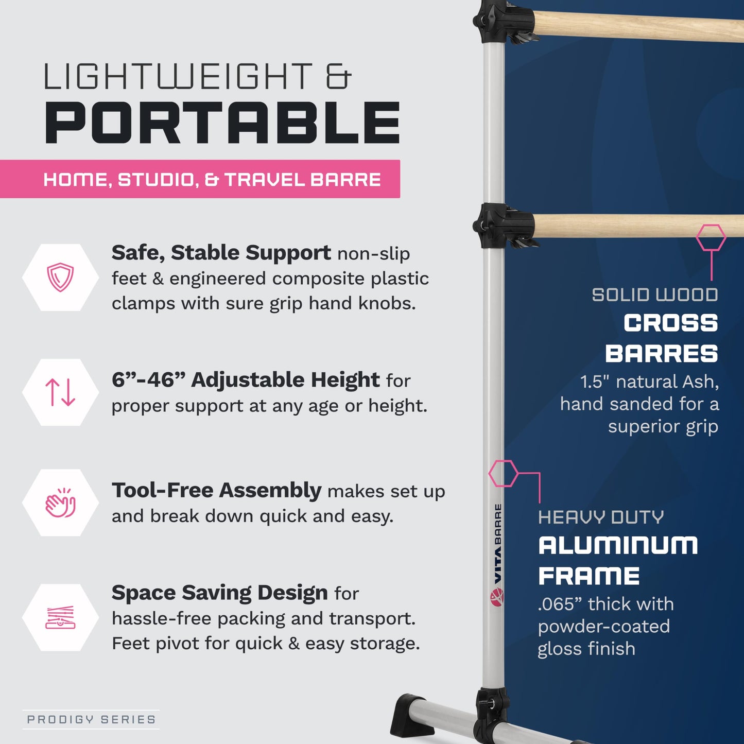 VITA Barre Portable Freestanding Double Ballet Barre, Prodigy, 8 Ft Wood Bars, Satin Silver | Adjustable Height, USA Made, Home or Gym Exercise Equipment for Kids & Adults | Dance, Fitness, Pilates