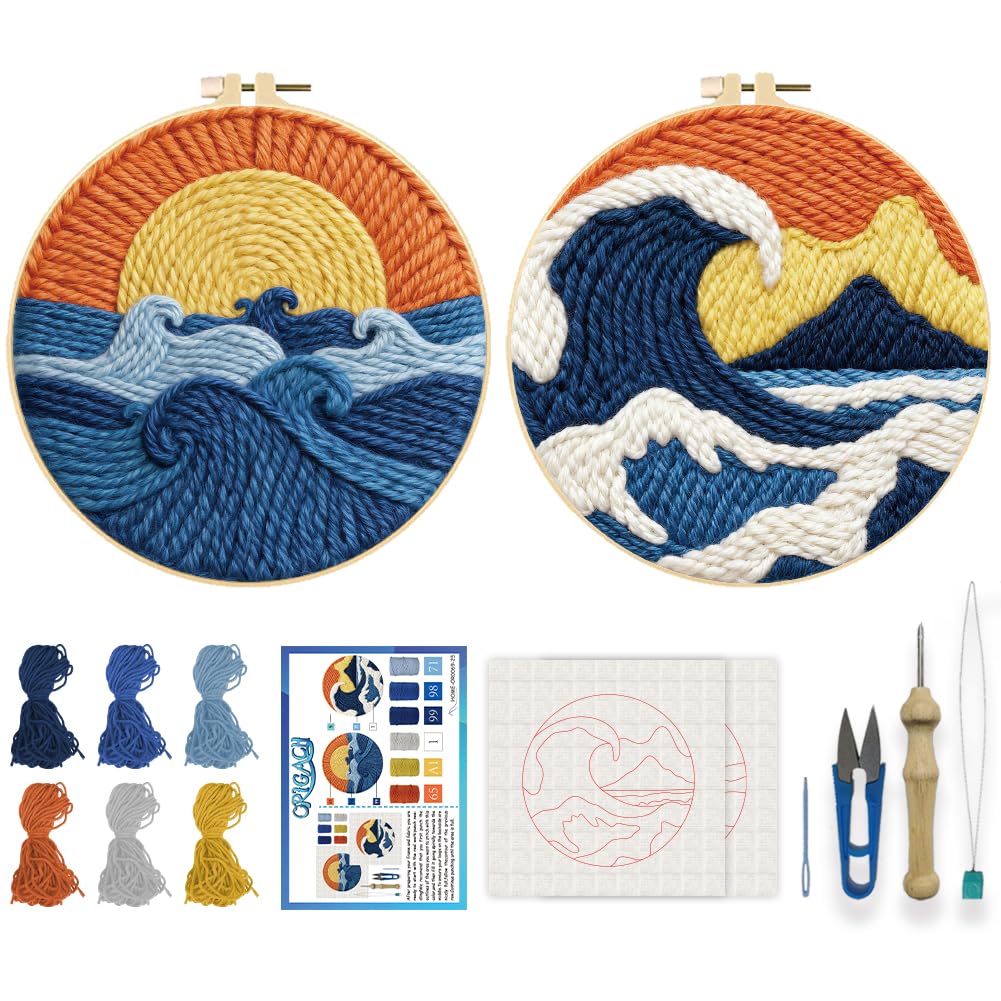 ORIGACH 2 Set Embroidery Punch Needle Kit for Adults Beginners DIY Kanagawa Wave Punch Stitching Kit for Art Crafts & Home Decor Easy Needle Punching Project with 7.9inch Hoop, Patterns, Yarns, Tools