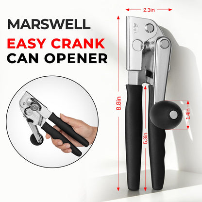 MARSWELL Heavy Duty Can Opener for Large Cans, Extra-Long Handles & Oversized Knob for Easy Cranking, Commercial Manual Hand Crank Opener Opens Big #10 Cans Smoothly, Strong All-Steel Construction