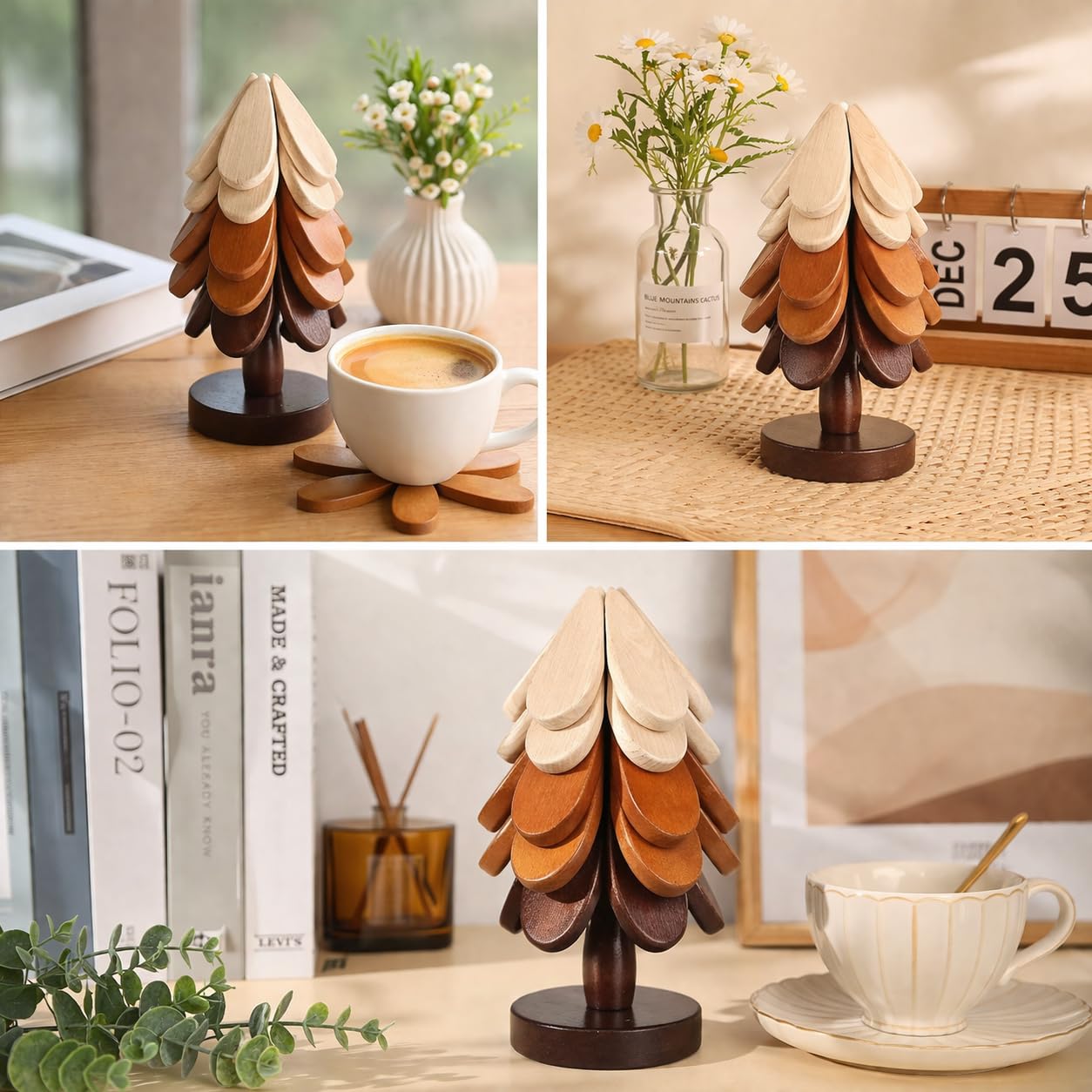 Hinpote Wooden Trivets for Hot Dishes, Trivet Tree Christmas Tree Trivet Coasters Set of 5 for Hot Pot Pans Bowls Drinks Plates, Table Decor Coaster for Home and Restaurant