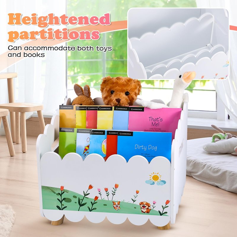 QwayHome Wood Kids Bookshelf, Montessori Bookshelf, Kids Storage Oragnzier with Handles, Toddler Bookcase with 2 Adjustable Dividers for Bedroom,Nursery & Classroom,White