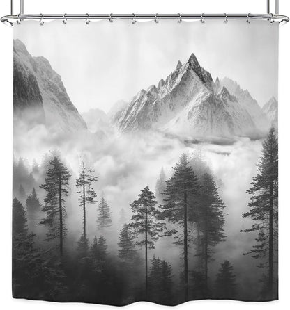 Riyidecor Misty Shower Curtain, 72" x 72" Foggy Snow Mountain Scenery for Bathroom Decor with 12 Pack Hooks