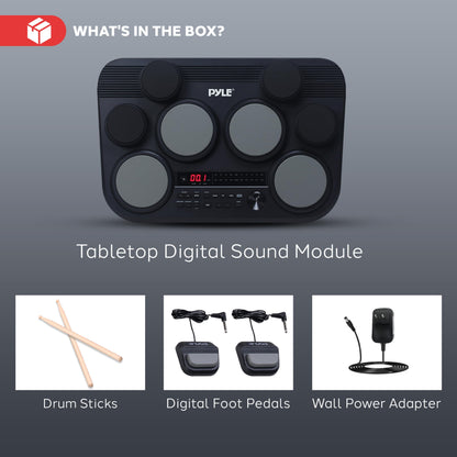 Pyle Electronic Tabletop Drum Pad Set - Compact Portable Drum Kit w/ 8 Touch Sensitive Drum Pads and Pedals, 600 Sounds, USB & Headphone Outputs, MIDI/AUX Inputs - 80 Preloaded Kits (Black)