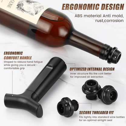 ONANNOS Wine Stopper, Wine Saver Vacuum Pump with 4 Reusable Stoppers, Wine Bottle Preserver & Sealer Keeps Fresh Longer, Ergonomic Handle, ideal Gift