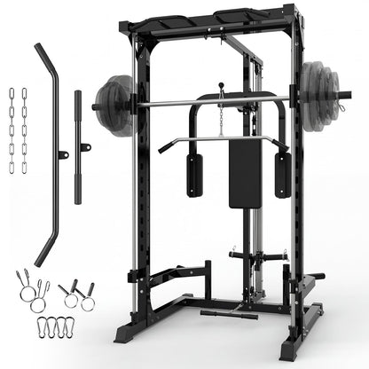 Garvee Smith Machine Home Gym, 1000 LB Power Cage Squat Rack with LAT Pulldown System, Chest Station & More Training Attachment, Multi-Functional Fitness Equipment for Full-Body Training, Black