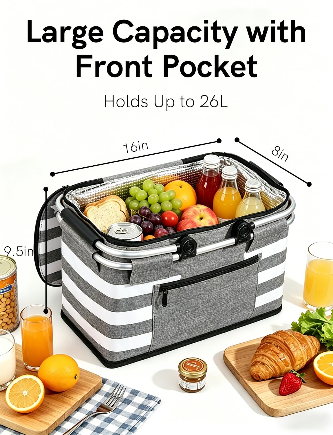 KEFOMOL Insulated Picnic Basket,Leak-Proof Collapsible Cooler Bag,26L Grocery Basket with Lid,2 Sturdy Handles,Storage Basket for Picnic,Food Delivery,Take Outs,Market Shopping,Travel (Gray)