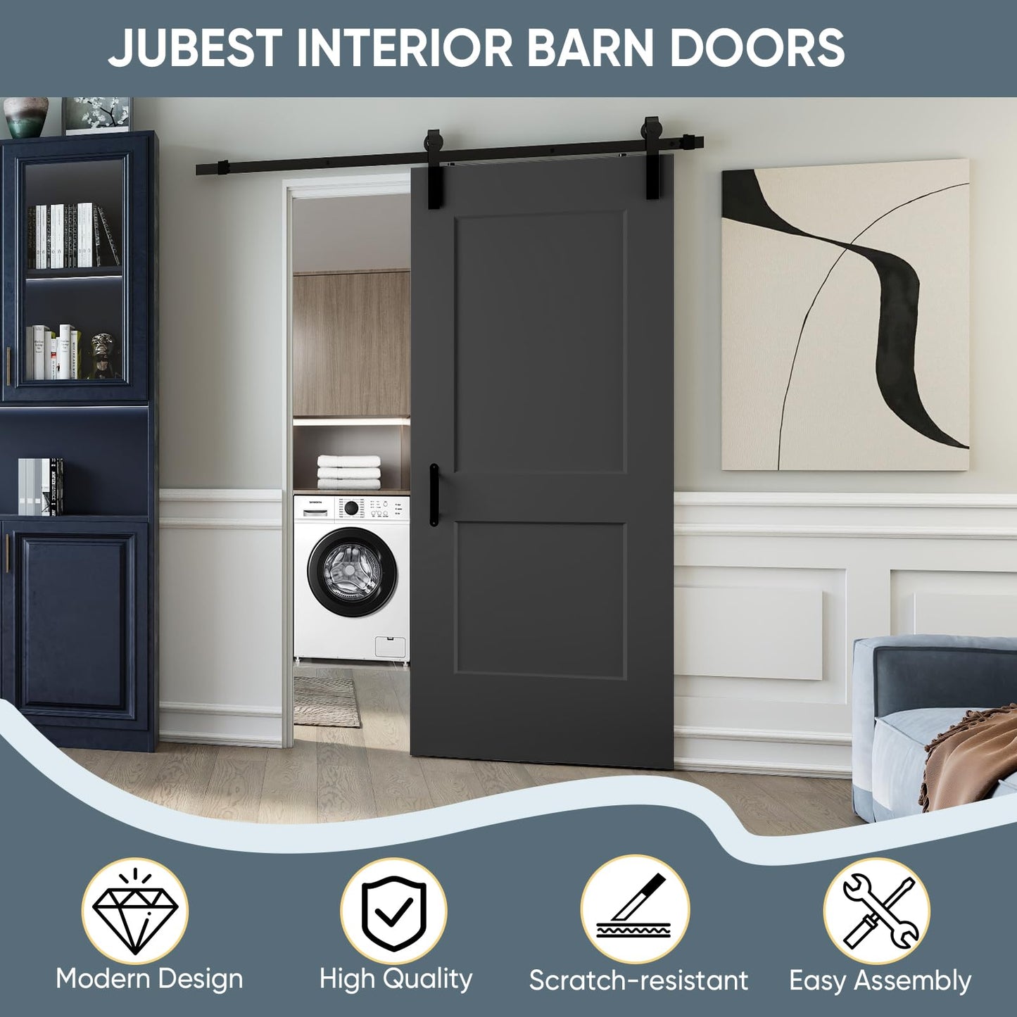 JUBEST 36"x84" Sliding Barn Door, 2-Panel White Primed Composite Interior Molded Door Slab with 6FT Hardware Kits & Handle, Preassembled Solid Core Panels with Paintable Surface, Durable & Sturdy