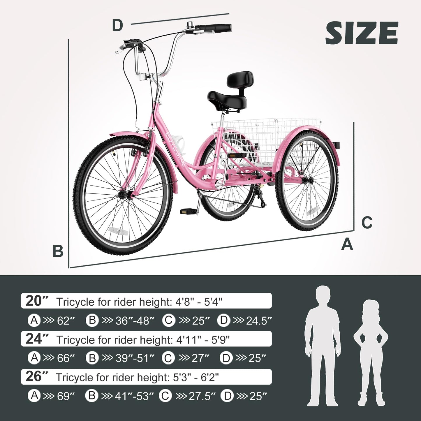 ABORON Adults Tricycle, 3 Wheels Bike for Adult, Tricycle for Adults, Double-Wall Wheel Rims, Tricycle for Women Men Exercise Outdoor Sports