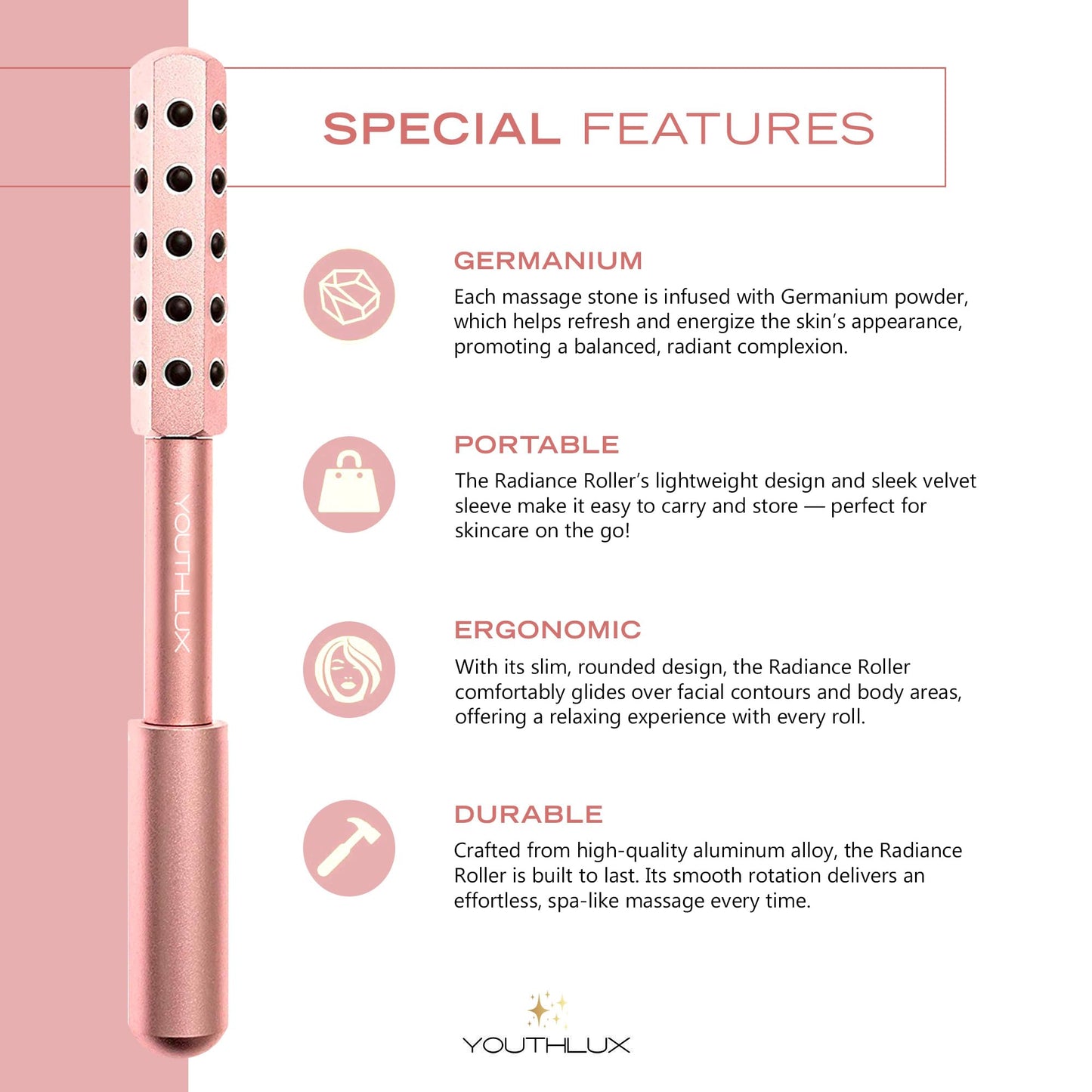 Radiance Roller - Germanium Stone Uplifting Face Beauty Massage Tool/Roller/Wand for Skin Tightening, De-Puffing, Sculpt/Lift, Anti-Aging | Uplift Face Roller, Facial Roller (Rose Gold)