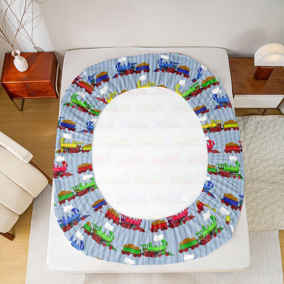 Set 1 Train Bedding Twin,Construction Train Bed Sheets Colorful Cartoon Smoking Steam Engine Fitted Bed Sheet for Kids