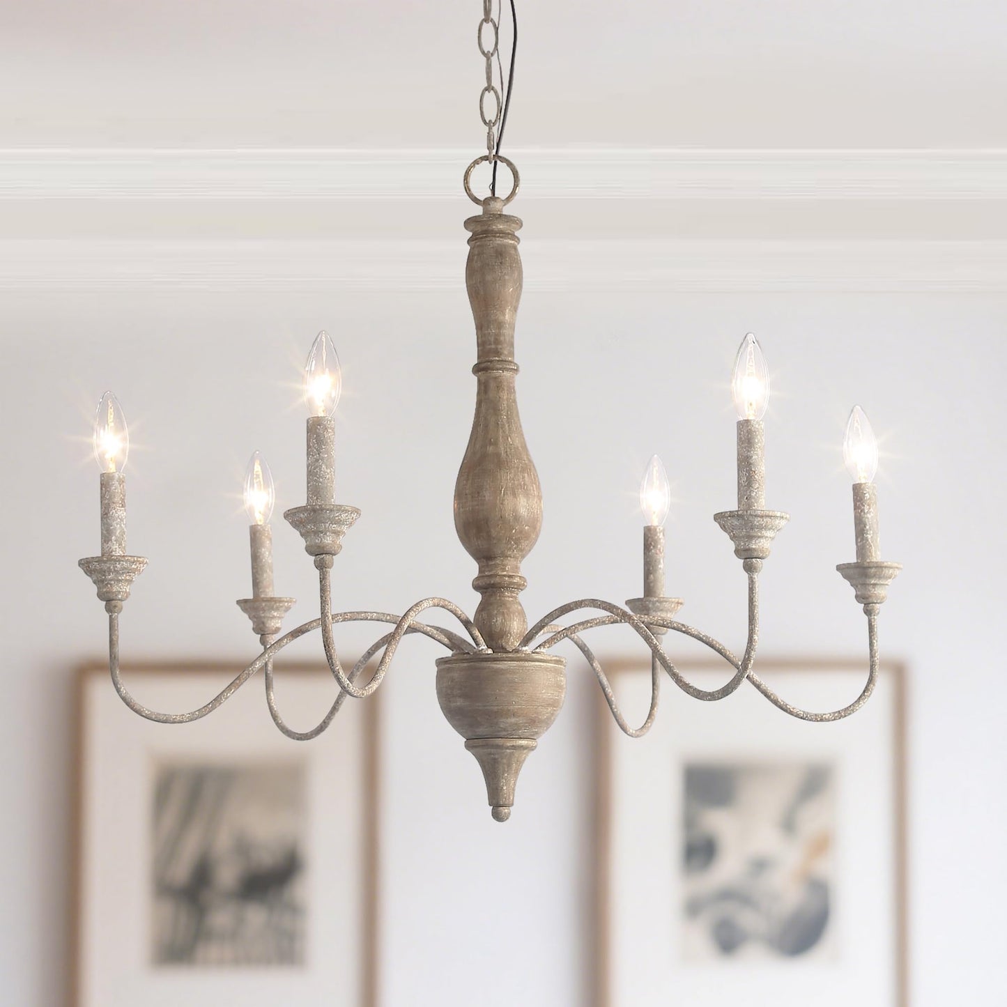 LALUZ Farmhouse Chandelier, 6-Light French Country Wood Lighting for Dining Room, Distressed Shabby Chic Chandelier, Cloud Arms in Rusty Metal Finish for Living Room, Bedroom