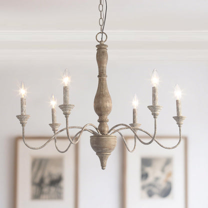 LALUZ Farmhouse Chandelier, 6-Light French Country Wood Lighting for Dining Room, Distressed Shabby Chic Chandelier, Cloud Arms in Rusty Metal Finish for Living Room, Bedroom