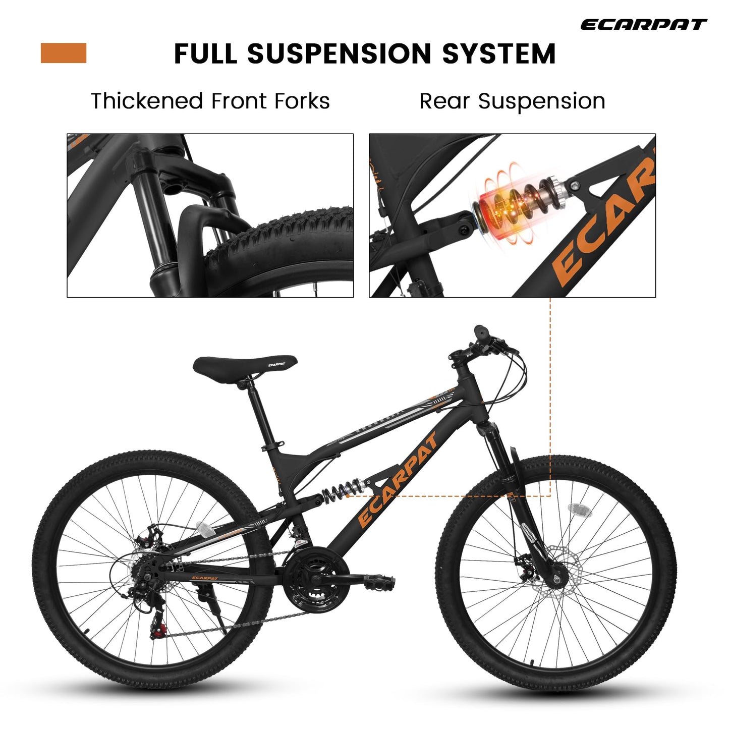 Ecarpat 24 inch Mountain Bike Full Suspension, 21 Speeds Dual Disc Brake Men Boys Bike for 10+ Years, Carbon Steel Frame, Trail Beach Snow Commuter City Bikes, Birthday Gift Choice