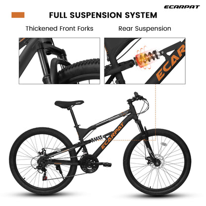 Ecarpat 24 inch Mountain Bike Full Suspension, 21 Speeds Dual Disc Brake Men Boys Bike for 10+ Years, Carbon Steel Frame, Trail Beach Snow Commuter City Bikes, Birthday Gift Choice