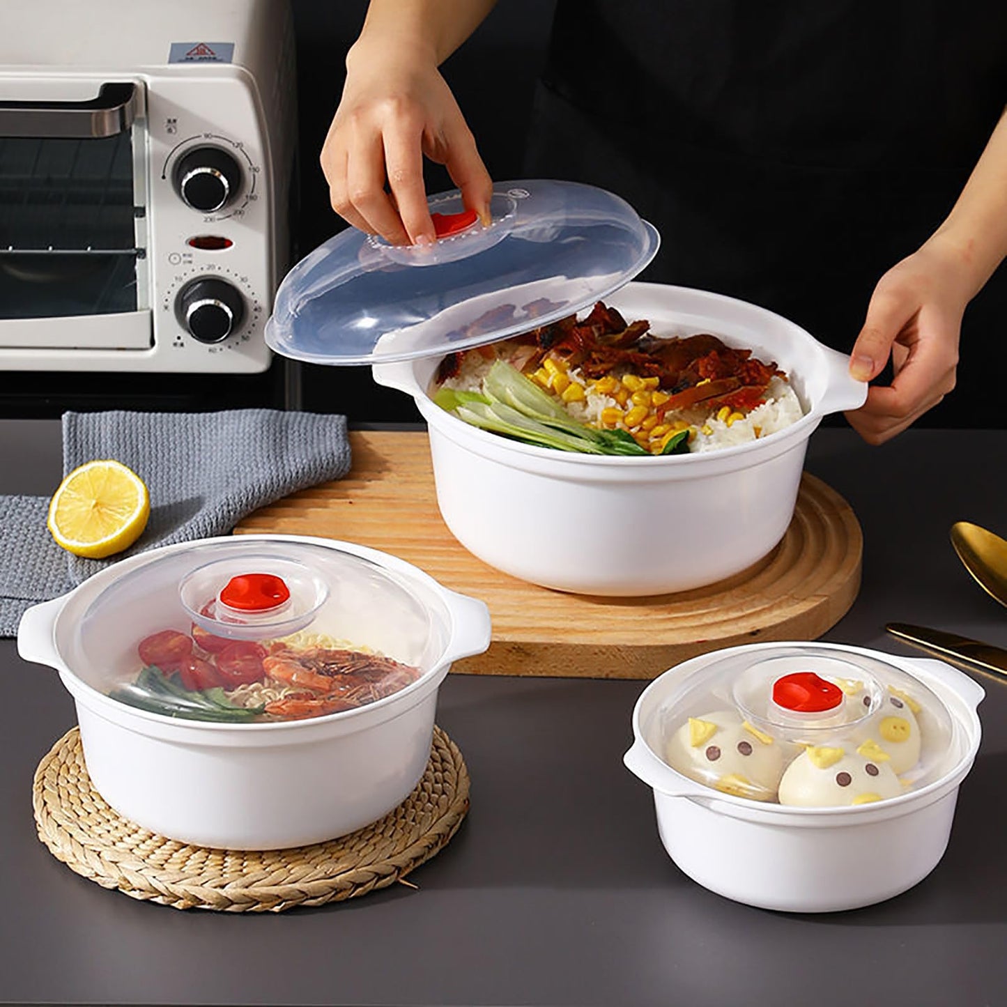 POYIPI 3 Piece Microwave Bowls with Lids Microwave Safe Bowls Microwavable Dishes for Heating Food, Dorm Kitchen Essentials, Cookware Kitchen Supplies, BPA Free