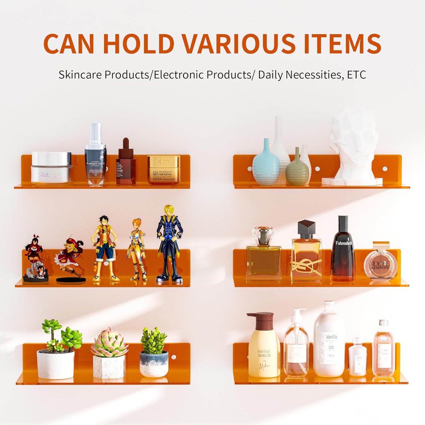 15 Inches 2 Pack, Sezanrpt Orange Acrylic Wall Shelves L Shape Floating Shelf, Perspex Wall Mounted Shelves for Home