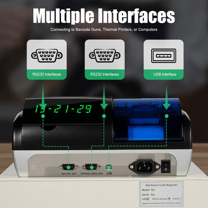 48-Key Electronic Cash Register System – Thermal Printer, Cash Drawer, LCD Displays – Secure Offline POS for Retail, Restaurant, Grocery Store, USB RS232 Connectivity (Black)