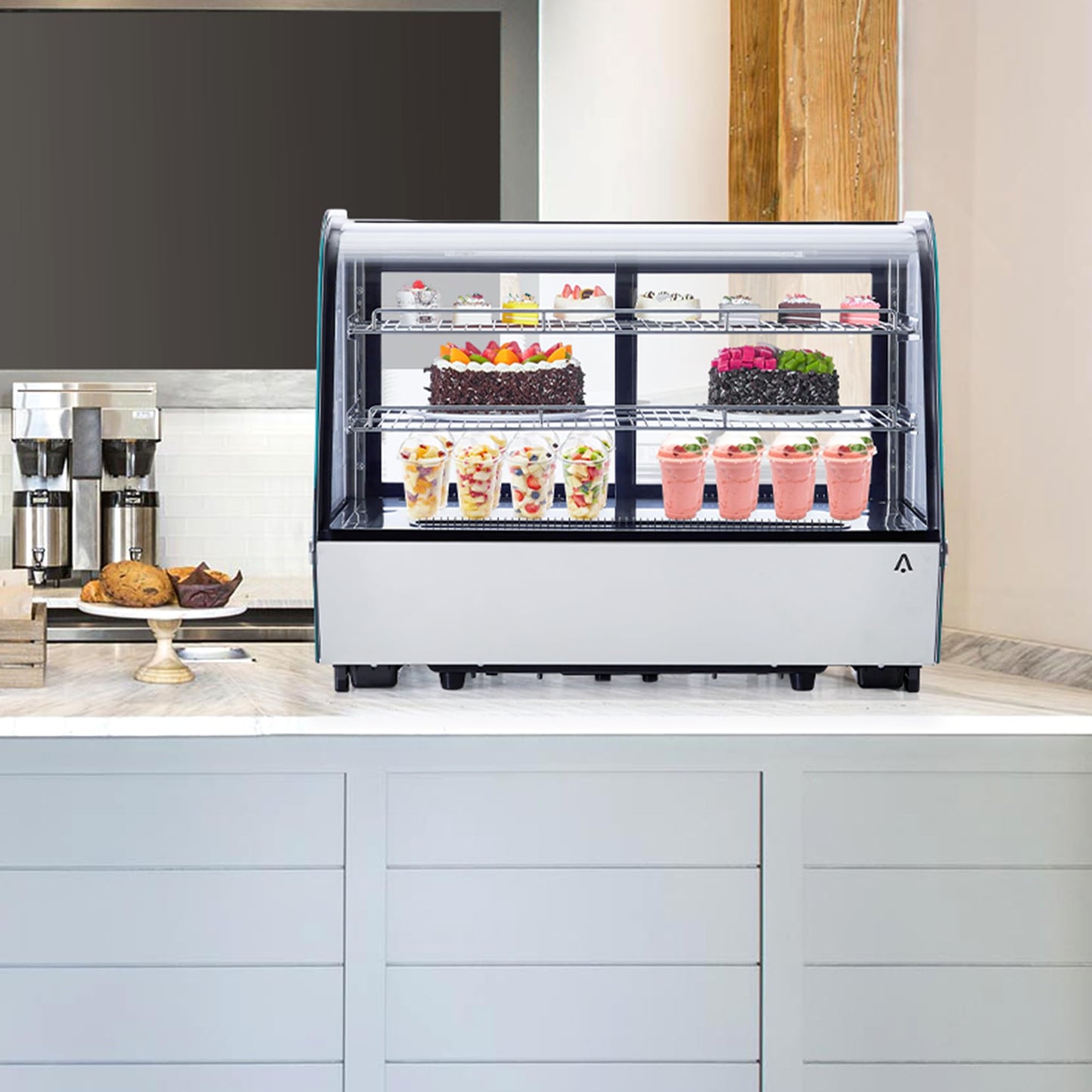 5.6 Cu.ft Refrigerated Display Case, Countertop Refrigerated Display Case, Commercial Cake Display Refrigerator with Curved Glass, LED Light, Adjustable Shelves, 0-12℃ for Bakery, Cafe, Dessert Shop