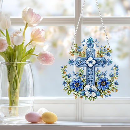 NAIMOER Cross Flowers Diamond Art Hanging Kits for Adults, 5D Special Shaped Rhinestone, DIY Acrylic Spring Diamond Art Painting Window Pendants Home Garden Wall Hanging Ornament Kits, Double Sided
