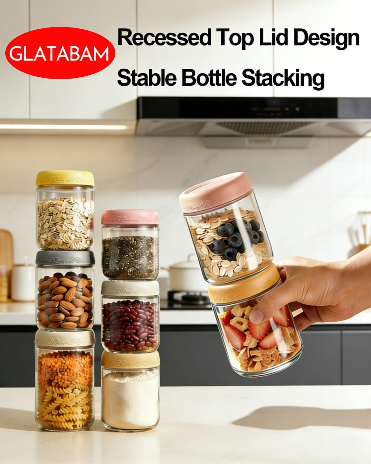 16 OZ 4Pack, Jars(4-2) Overnight Oats Jars with Lids, Glass Meal Prep Containers, Airtight Mason Jars for Breakfast