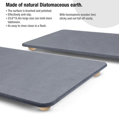 Large Stone Dish Drying Mat for Kitchen Counter, 18"×14" Quick Dry Super Absorbent Eco-Friendly Diatomaceous Earth Stone Mat with hemisphere wooden feet, Non-slip, Heat Resistant, Multi-purpose mats