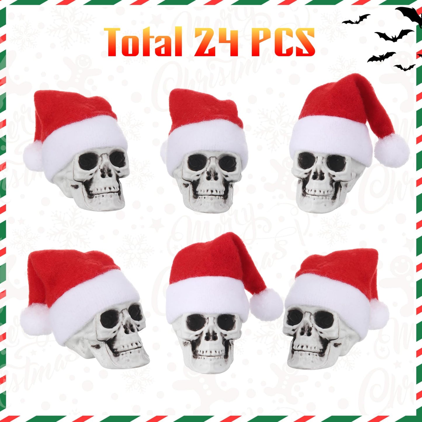 Lenwen 24 Pcs Mini Hanging Skull Heads Santa Hat Halloween Skeleton Head Tree Ornament Decorations for Holiday Party Xmas Tree Decor (2.16 Inch)