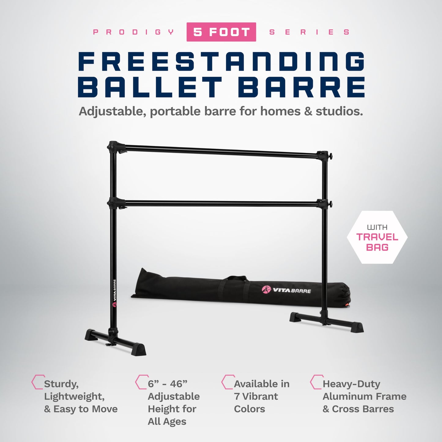 VITA Barre Portable Freestanding Double Ballet Barre, Prodigy, 5 Ft Bars, Black, with Bag | Adjustable Height, USA Made, Home or Gym Exercise Equipment for Kids & Adults | Dance, Fitness, Pilates