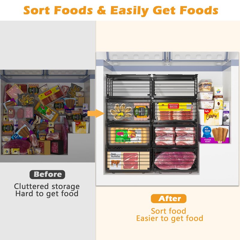 NADAMOO Freezer Organizer Bins, 4 Packs Large Expandable Stackable Chest Freezer Containers with Handle, Metal Adjustable Storage Baskets for Fridge, Deep Freezer, Cabinet, Kitchen, Pantry - Black
