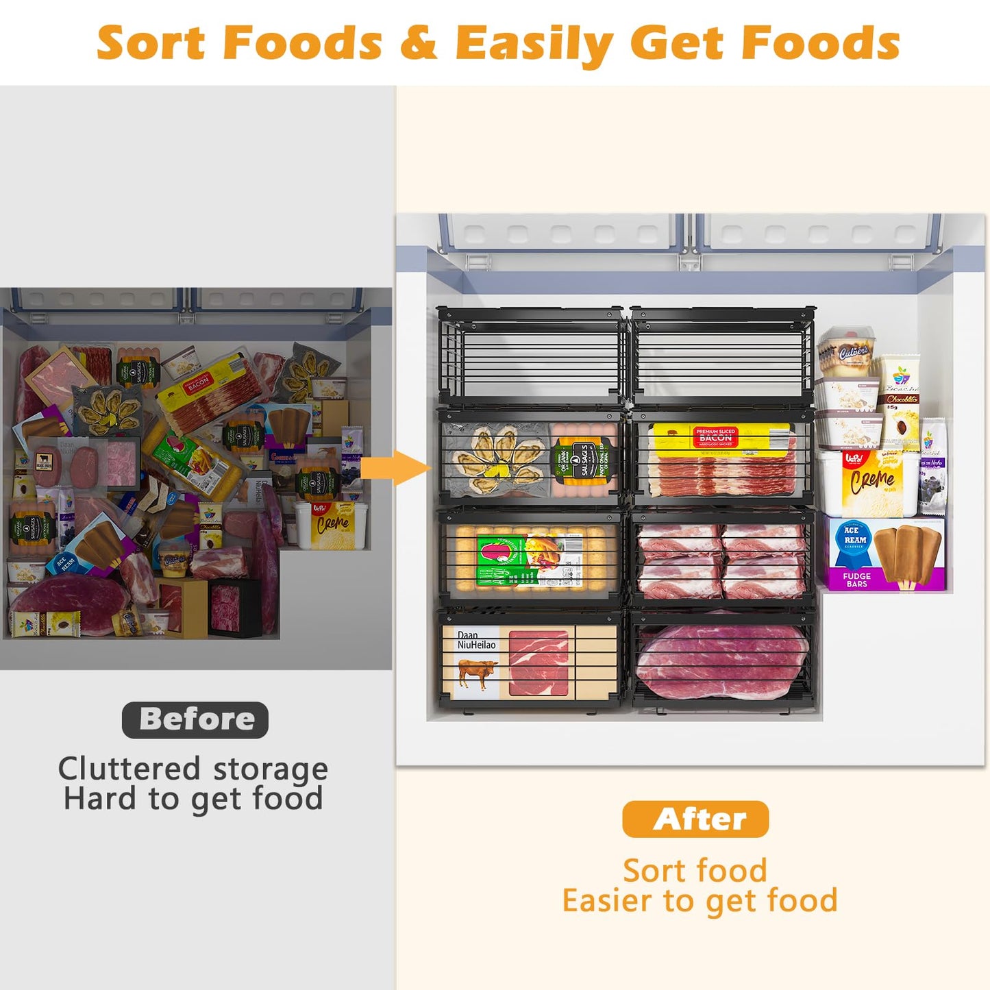 NADAMOO Freezer Organizer Bins, 2 Packs Large Expandable Stackable Chest Freezer Containers with Handle, Metal Adjustable Storage Baskets for Fridge, Deep Freezer, Cabinet, Kitchen, Pantry - Black