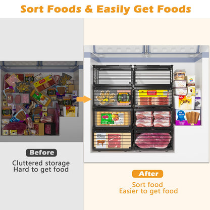 NADAMOO Freezer Organizer Bins, 2 Packs Large Expandable Stackable Chest Freezer Containers with Handle, Metal Adjustable Storage Baskets for Fridge, Deep Freezer, Cabinet, Kitchen, Pantry - Black