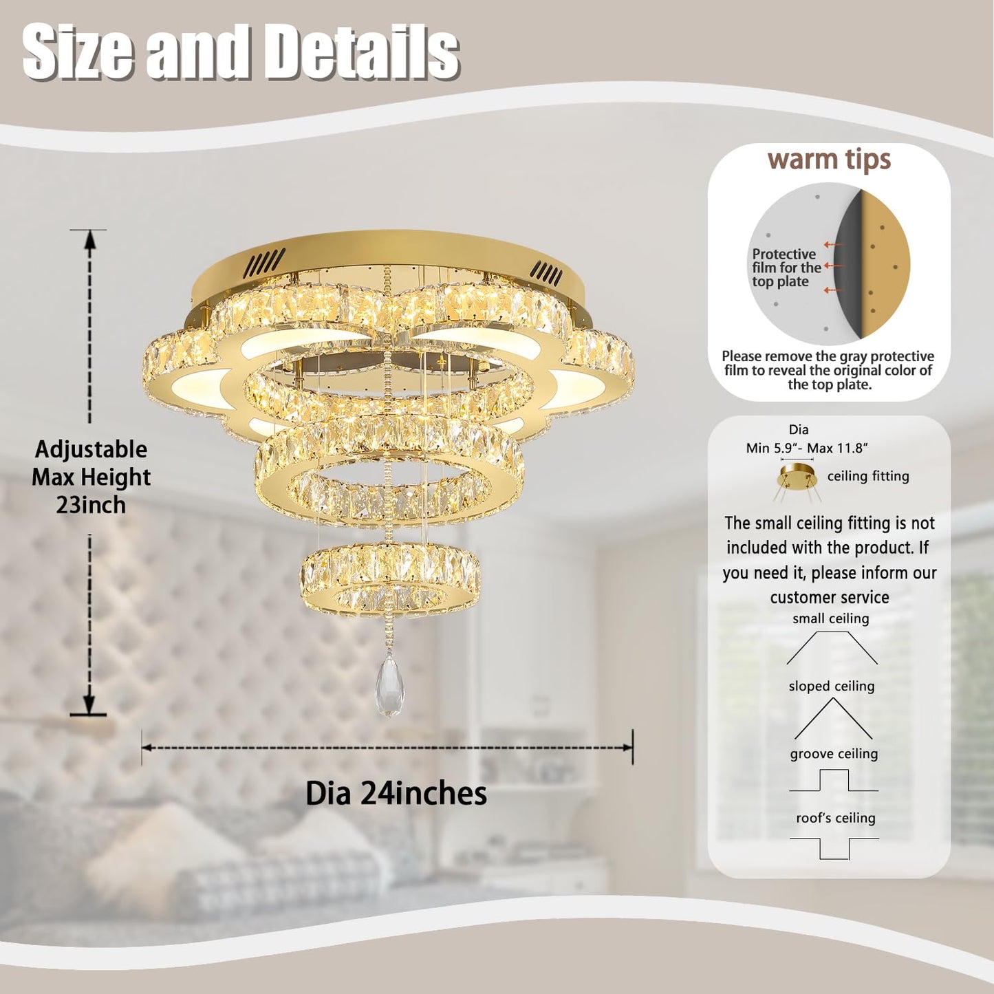 ykolupty W24 Modern Crystal Gold Chandelier for Living Room Dining Room,Bedroom, Entrance Ceiling Light Lamparas de techo LED Dimmable 2700K-6000K