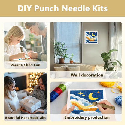 Doodlream Sea of Clouds DIY Punch Needle Embroidery Kit for Adult Beginner, 9.4" Clouds Moon Punch Stitching Craft Set for Starter with Frame,Fabric Pattern,Threader, Yarn, Pinch Needle