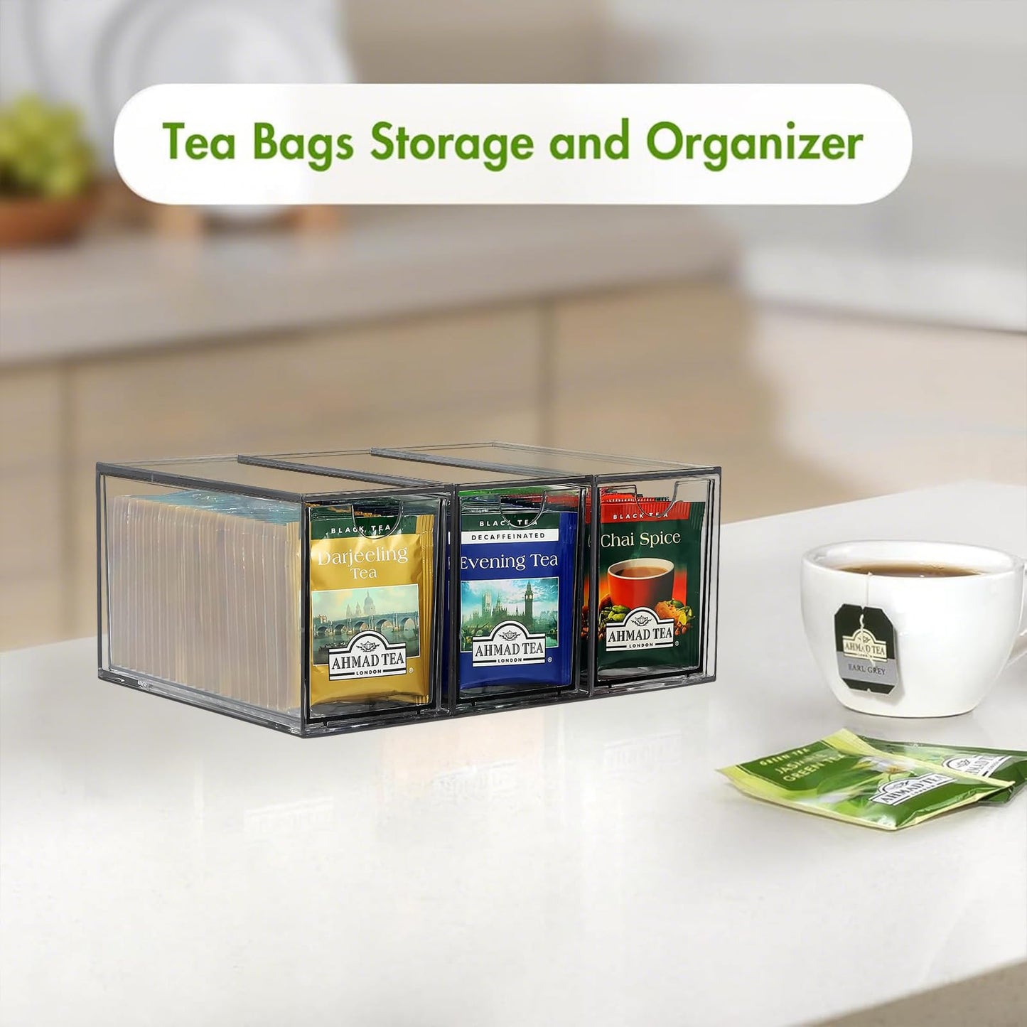YUNYDSM Transparent Tea Bag Storage Box, 6 PCS Large Bag with Lid, 6×2.3×3.3'' Single-Layer Thickened Drawer, Suitable for Cabinets, Kitchen